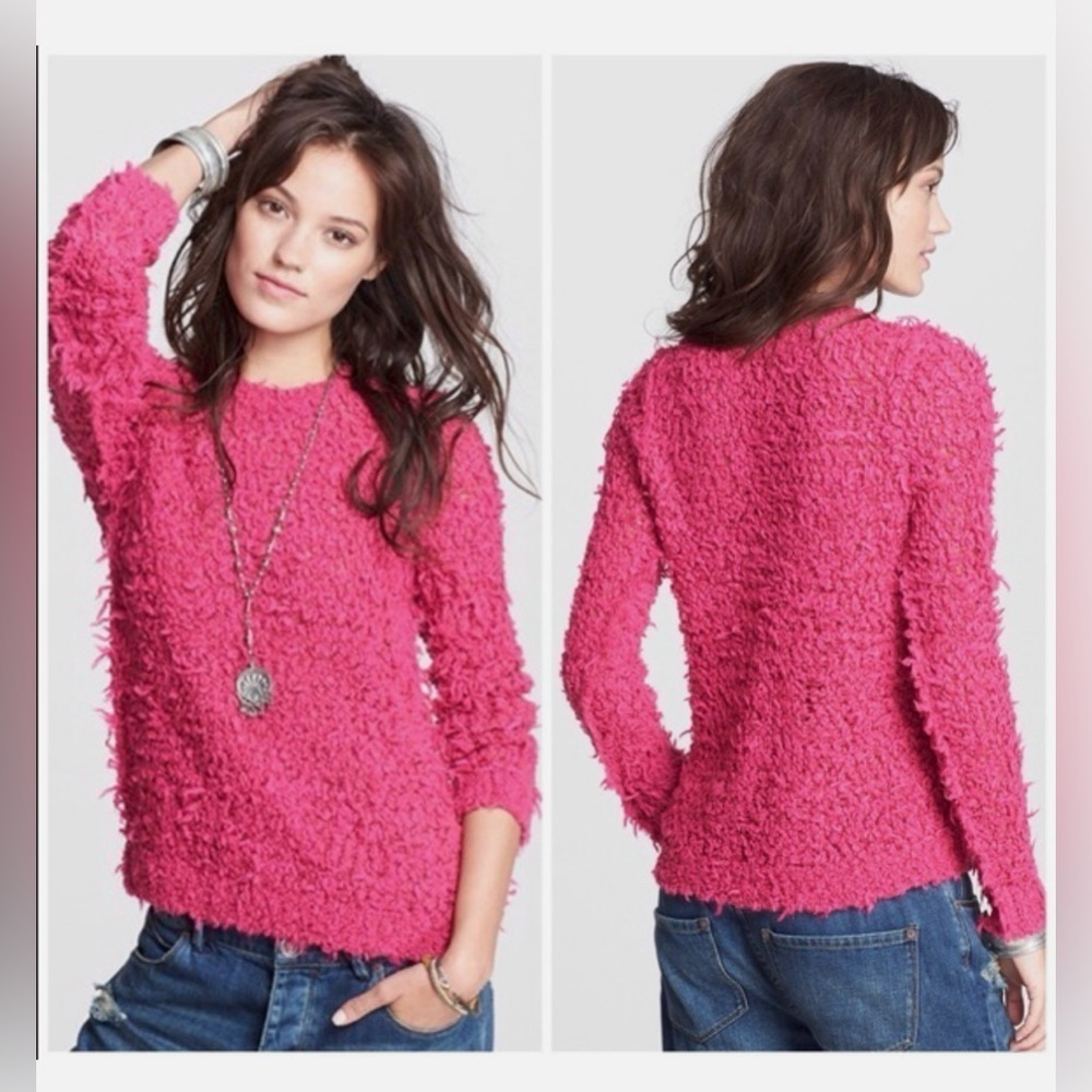 Free People Hot Pink September Song Polar Bear Pullover Shaggy Sweater Sz Small